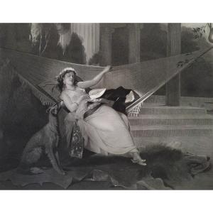 Large Etching The Hammock Engraving  By Pierre Cottin After Brochart 19th C Old Print