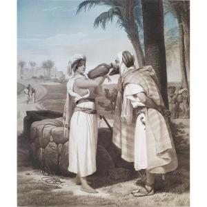 Etching Rebecca At The Fountain Watercolored Orientalist Engraving By Jazet Old Print
