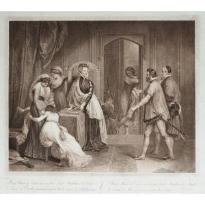 Mary Stuart Queen Of Scots Receiving Her Death Sentence 18th Century Engraving Etching Old Prin