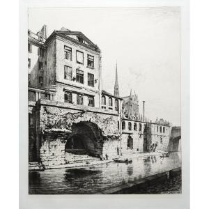 Etching Paris Gothic Remains Of The Hotel-dieu Engraving By Brunet Debaines Old Print