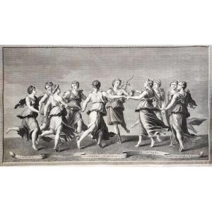 Mythological Etching  Engraving Apollo And The Muses By Raphael Urbain Massard 19th C Old Print