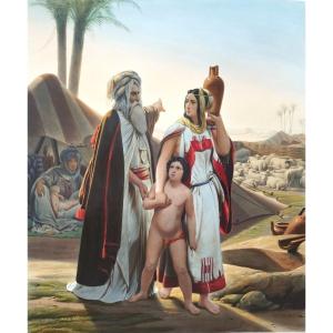 Large Orientalist Watercolored Engraving Abraham Returns Hagar After Horace Vernet 19th C Old Print