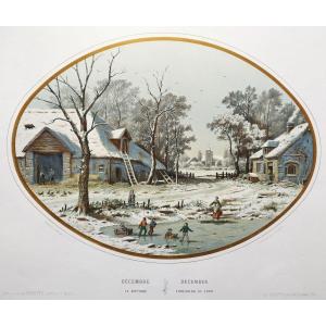 Winter Landscape December Watercolored Lithograph 19th C Old Print