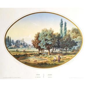 Summer Landscape June Watercolored Lithograph 19th C Old Print