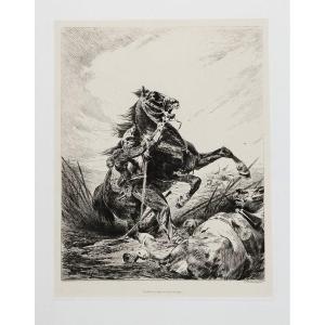 Engraving Cuirassier And His Horse 20th Century Etching Print