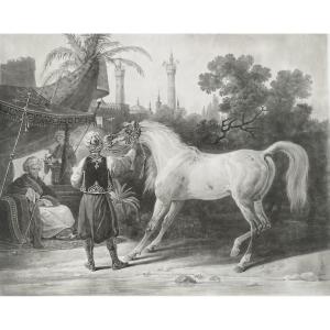 Arabian Horse Orientalist Engraving After Vernet Turkish Horse On Watch Etching Old Print