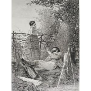 Landscape Study Etching Engraving After Edmond-adolphe Rudaux 19th C Old Print