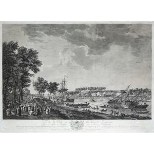 Seascape Engraving View Of The Port Of Bayonne By Cochin After Vernet 18th C Etching Old Print