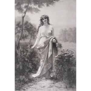 Etching Flora Mythological Engraving Nymph After Alexandre Cabanel 19th C Old Print