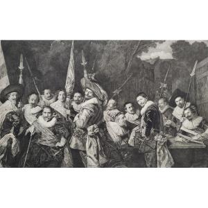 Etching After Flemish Painting By Frans Hals Engraving Meeting Of Officers 19th C Old Print