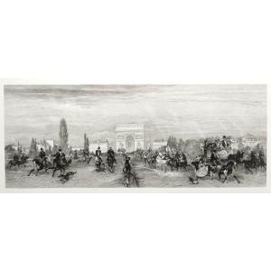 Etching Arc De Triomphe Prize The Departure Of Races  19th  C Engraving Old Print Horses