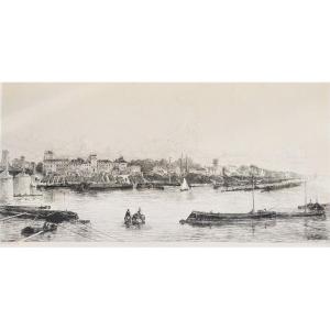 The Seine And The Quai De Bercy Etching By Charles Michel Geoffroy 19th C Old Print