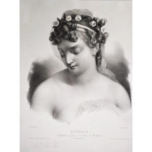 Portrait Ancient Greek Woman Large Lithogtaphy 19th C Old Print