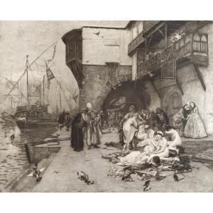 Large Orientalist Etching Slave Market 19th C   Engraving Old Print
