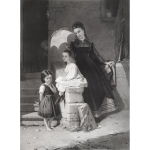 Etching Woman And Children Engraving After Brochart 19th C Old Print