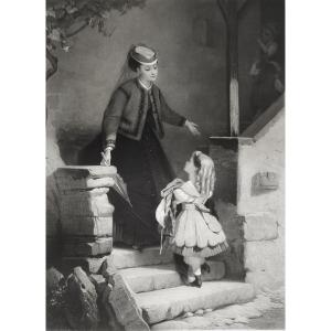 Etching Woman And The Little Girl 19th C Engraving After Brochart Old Print