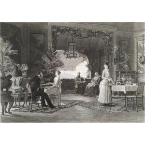 Large Engraving After Loustaunau By Eichens The Engaged 19th C Old Print