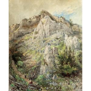 Watercolor Mountain Landscape 19th C