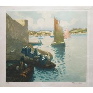 Port In Brittany Aquatint By Fernand Legout Gérard Bretons Women Engraving Old Print