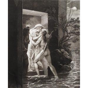 Etching Mythological Engraving Hero And Leander By Noël  19th C Old Print