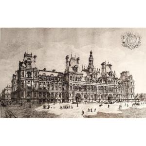 Etching Paris City Hall Engraving By Eugène Sadoux  Old Print Dated 1886 19th C