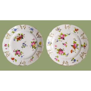 Pair Of Paris Porcelain Plates Hand Painted Decor Roses Flowers 19th C