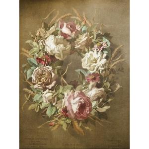 Crown Flower Tea Roses And Zinnias Watercolored Lithograph 19th C Old Print