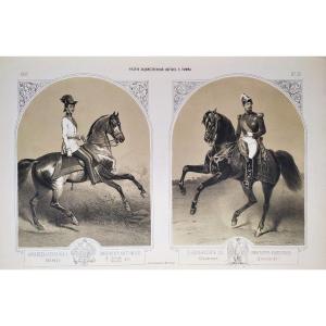 Napoleon III And Emperor Francis Joseph Of Austria Riders Horses Russian Lithograph 19th C