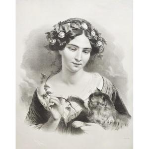 Woman Cat Large Lithograph 19th C Old Print