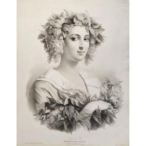 Large Lithograph 19th C Portrait Of A Lady Old Print