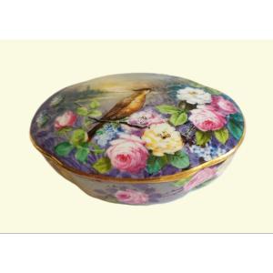 Hand Painted Porcelain Box Decorated With Birds And Roses 1900