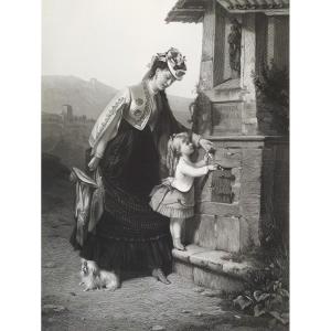 Large Engraving Genre Scene Mother And Daughter After Brochart Etching 19th Century Old Print