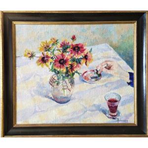Oil Painting Still Life Flowers Cigarette Ashtray Mid Century Tabacology Mid Century