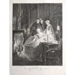 Etching Genre Scenecoming From The Ball By Beauvarlet 18th C Engraving Old Print