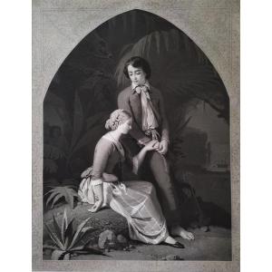 Etching Paul And Virginia Engraving By Eugène Jazet After Schopin 19th Century Old Print