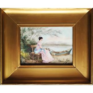 Romantic Landscape Portrait Of A Lady Painting On Porcelain By Laure Lévy Limoges Jean Pouyat
