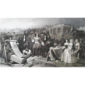 Louis XIV Th Founding The Hotel Of Invalides Large Historical Engraving 19th Century Etching 