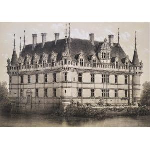 Azay Le Rideau Castle 19th Century Lithograph By Victor Petit  Old Print