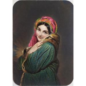 Etching Watercolored Engraving Portrait Of A Lady 19th C Old Print