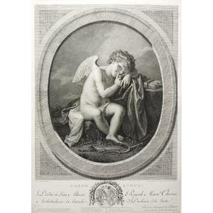 Mythological Engraving Attention To You By Porporati Love Cupid 18th C Etching Old Print