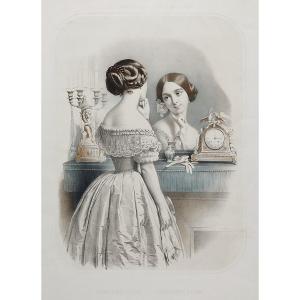 Victirian Portrait Of A Lady In A Mirror Finely Watercolored Lithograph 19th Century Old Print