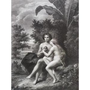 Nude Eve Adam Biblical Scene Engraving By Moret And Ch. Lalaisse 19th C Etching Old Print