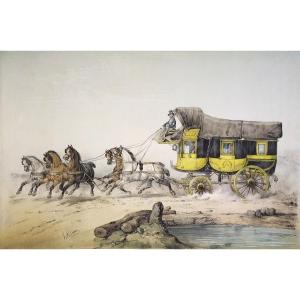 The Coach Colored Lithograph By Victor Adam Horse 19th Century Old Print