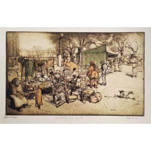 Etching Flea Market Engraving By Armand Coussens Old Print