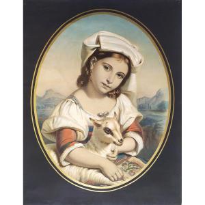 Italian Woman With A Lamb Watercolored Lithograph 19th C Old Print