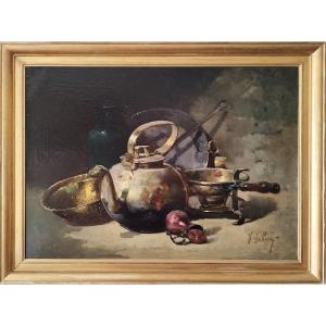 Victor Gallois Oil Painting Still Life With Copper 19th Century