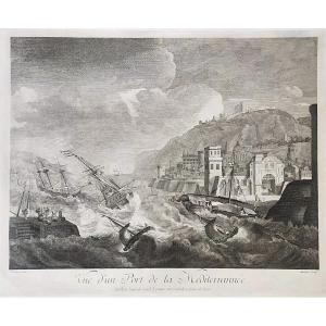 Etching Seascape Port In The Mediterranean After Ludolf Bakhuizen18th Century Old Print