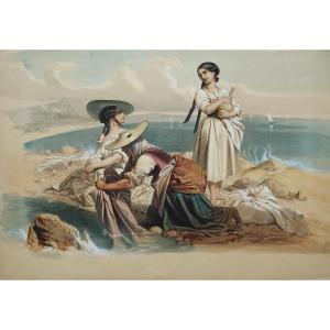 Lithograph Women In Nice Watercolored 19th C Old Print
