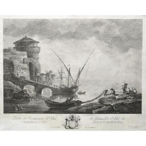 Etching Seascape Marseille By Jacques Aliamet After Vernet Antique 18th C Engraving Old Print