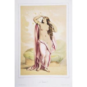 Danae Watercolored Lithograph By Achille Devéria Greek Mythology Old Print 19th C Nude